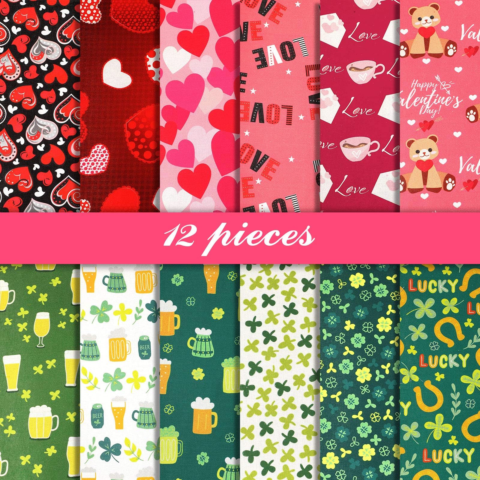 12 Pieces Valentine's Day Fabric Heart Printed Fabric Squares Shamrock Irish Cotton Fabric Holiday Theme Fabric for Valentine's Day (50 x 50 cm)