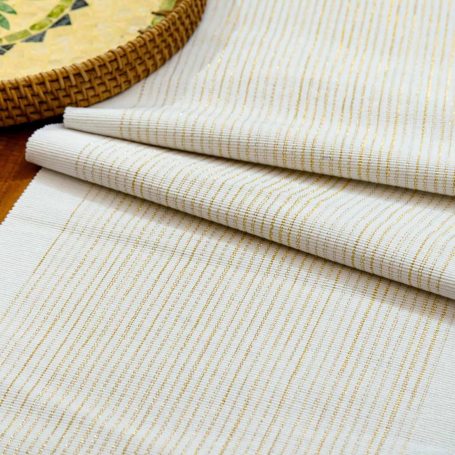 Dining Table Runner, Thick, Ribbed Cotton Weave Interlaced with Glitter Stripes; 63 x 14 inches, 4 Seater to 6 Seater Table Runner – Joy, White-Gold