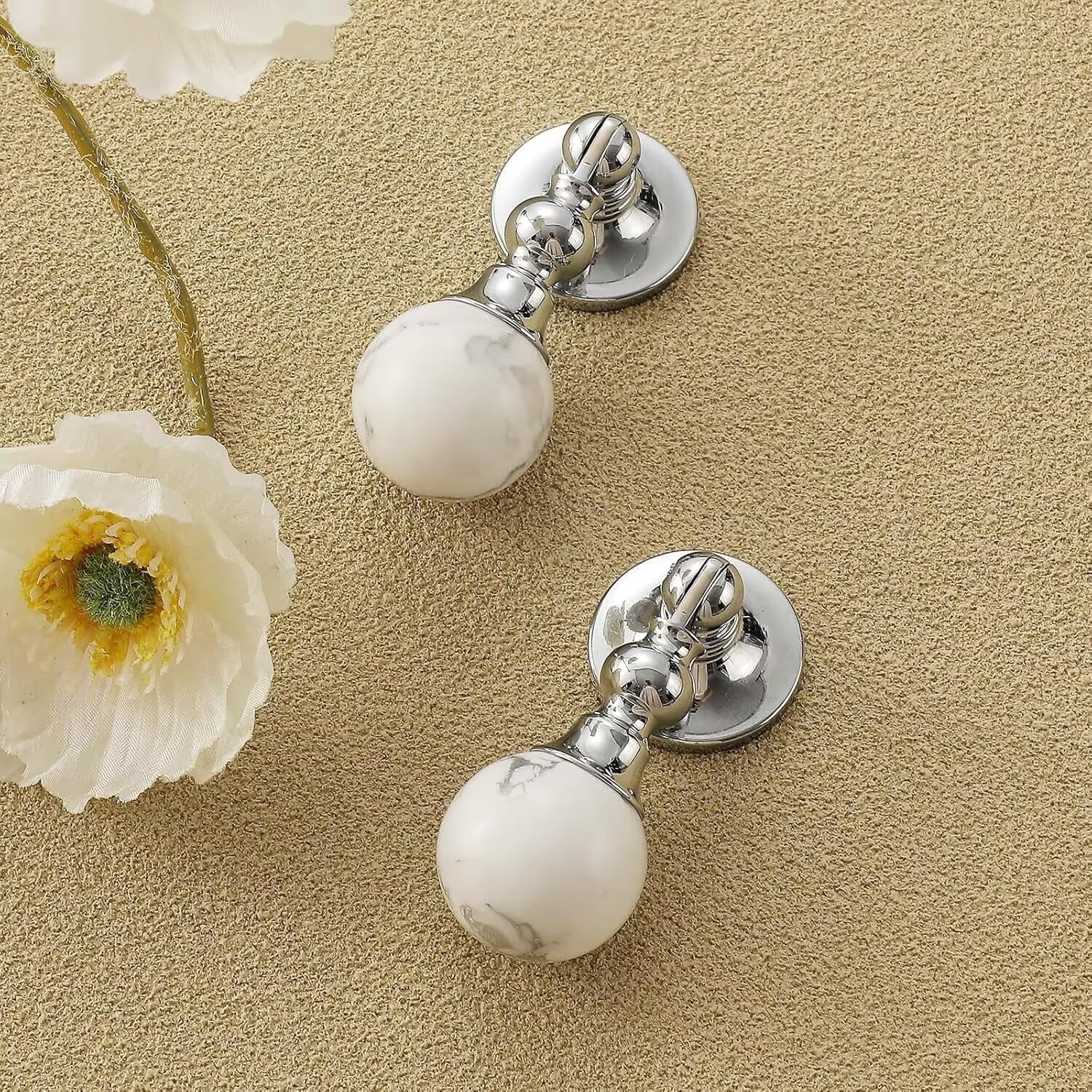 10 Pack Marble Stone Pattern Polished Chrome Ball Shape Aluminum Profile Drawer Knobs Cabinet Handles Pulls with Screws for Kitchen Bedroom Furniture with Solid Brass Base,White