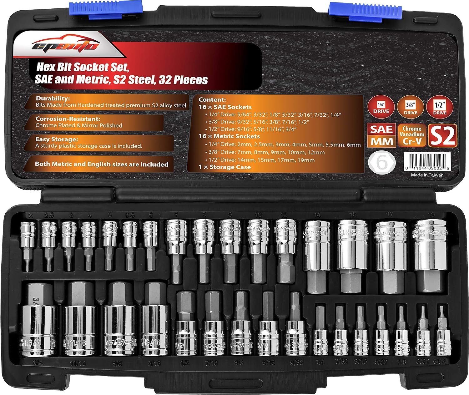 EPAuto 32 PCs Hex Bit Socket Set + Socket Adapter Set (1/4, 3/8, 1/2, 3 Set)