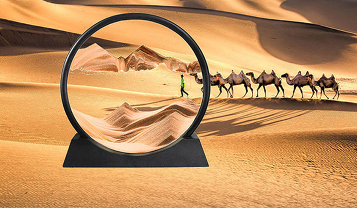 Tableau De Sable Dynamique 3D – Verre Rond 44 Cm, Paysage Changeant, Cadre Bois Massif, Déco Anti-stress