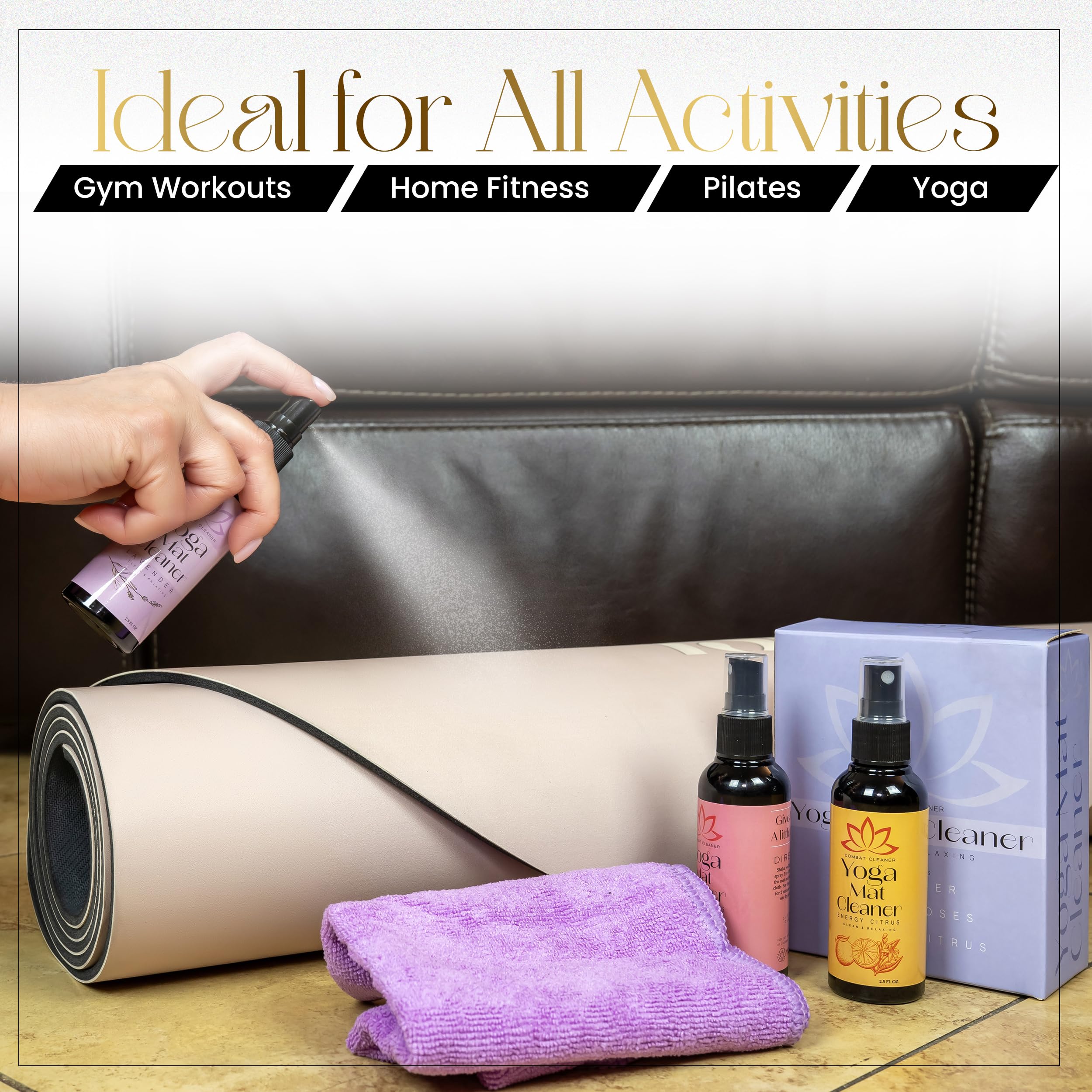 Combat Cleaner Kit de spray limpiador de esterilla de yoga (paquete de 3) incluye una toalla de microfibra, restaura y refresca las esterillas de yoga (lavanda, rosas frescas, cítricos energéticos)