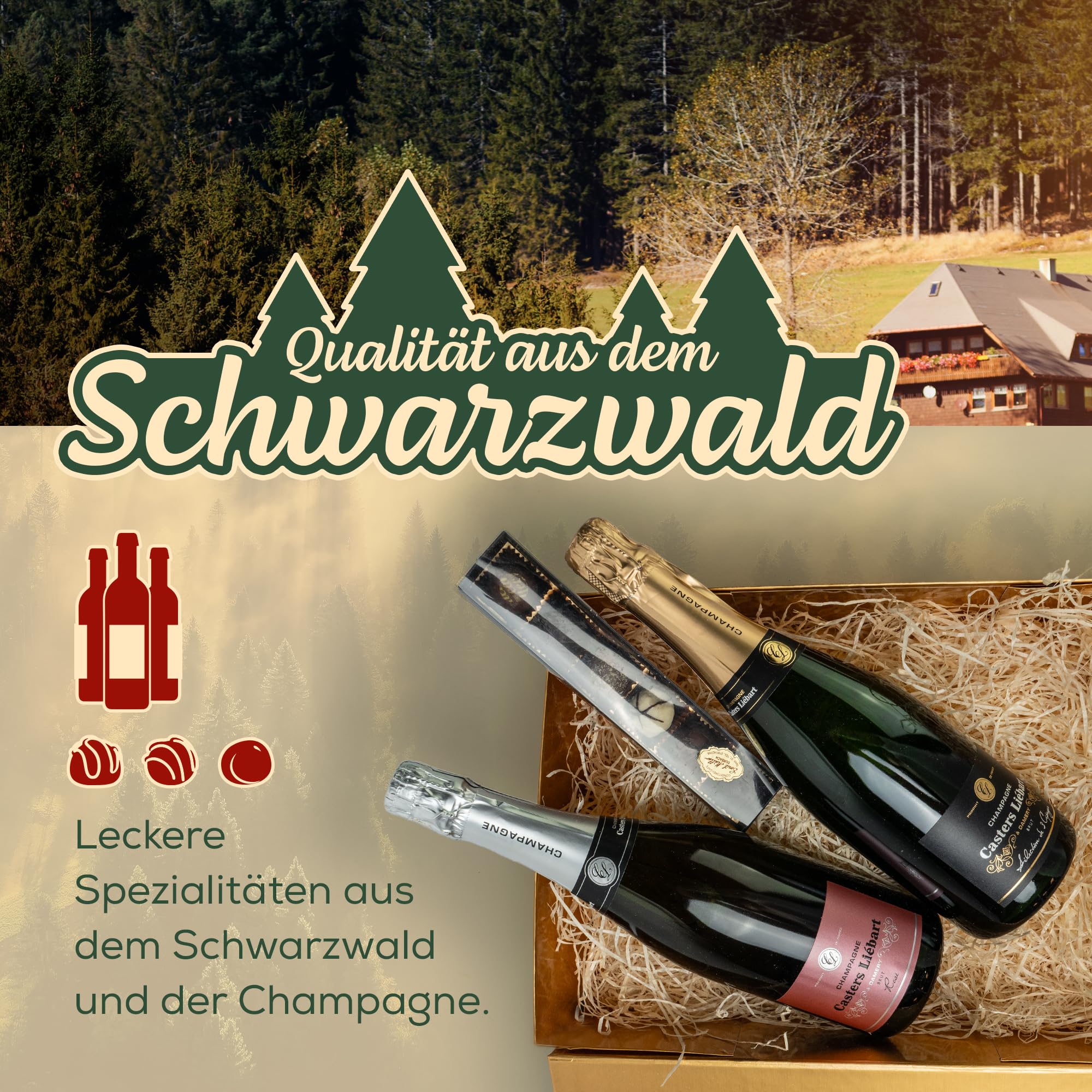 DUO CHAMPAGNER - Geschenkkorb mit Schokolade in edler GOLD Magnetbox - Gourmet Degustation - Party Geschenkidee für Frauen und Männer. Zum Geburtstag, Hochzeit, und weitere Anlässe