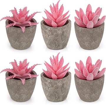 6 Pcs Small Pink Artificial Succulent Plants in Pulp Pot Desk Decor