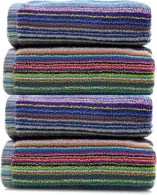Odyssey Stylish & Attractive 100% Cotton Colourful Remnant Stripe Absorbent and Quick Dry Four Hand Towels or for Use in Garage, Garden, Car Cleaning Set 50 x 85cm (4 x Hand Towels)