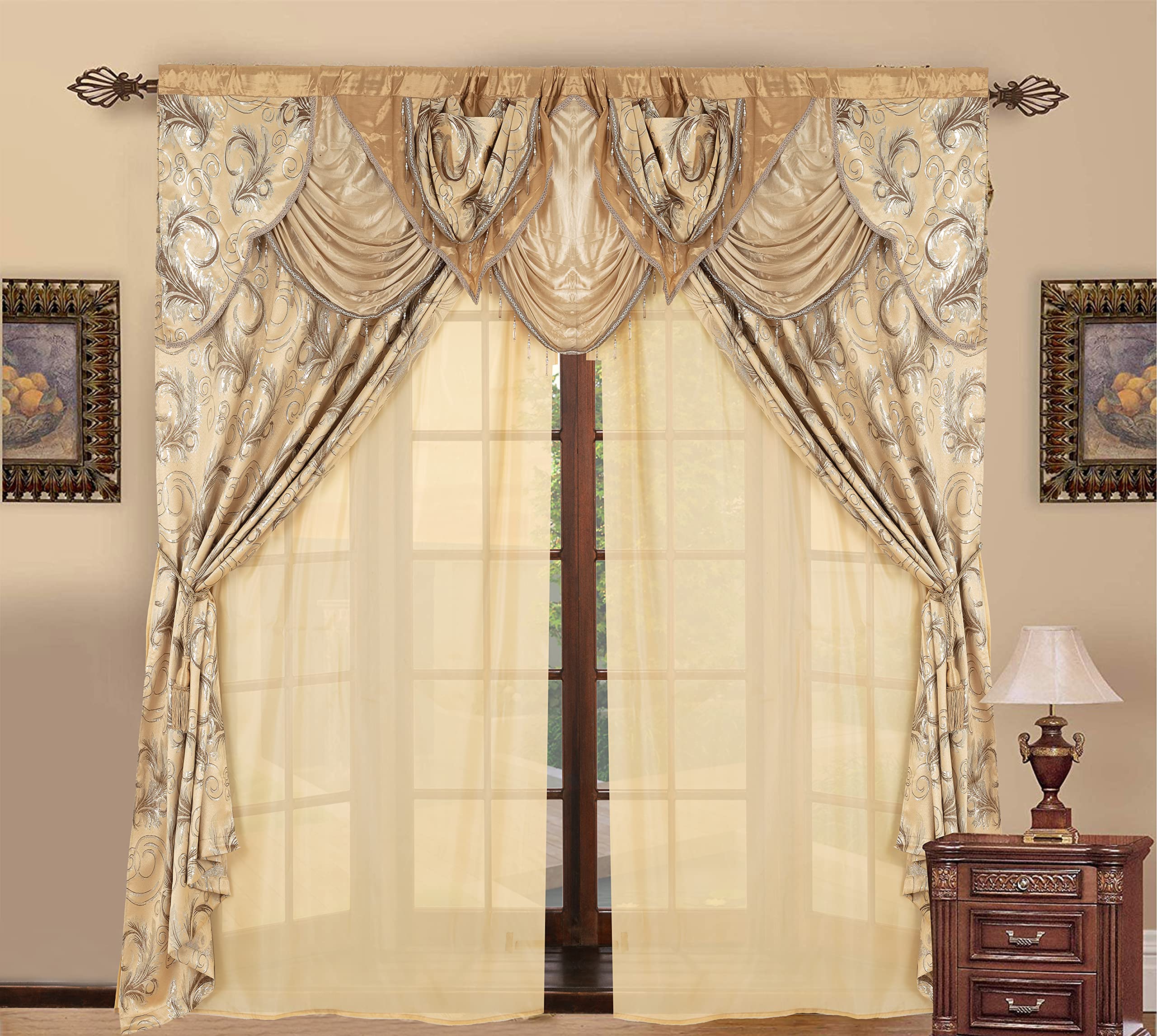 Golden Rugs Jacquard Luxury Curtain Window Panel Set Curtain with Attached Valance and Backing Bedroom Living Room Dining 112”X84” Jana Collection (Taupe) - Image 2
