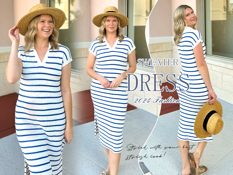 ZESICA Women's Summer Striped Midi Dress 2025 Casual Short Sleeve