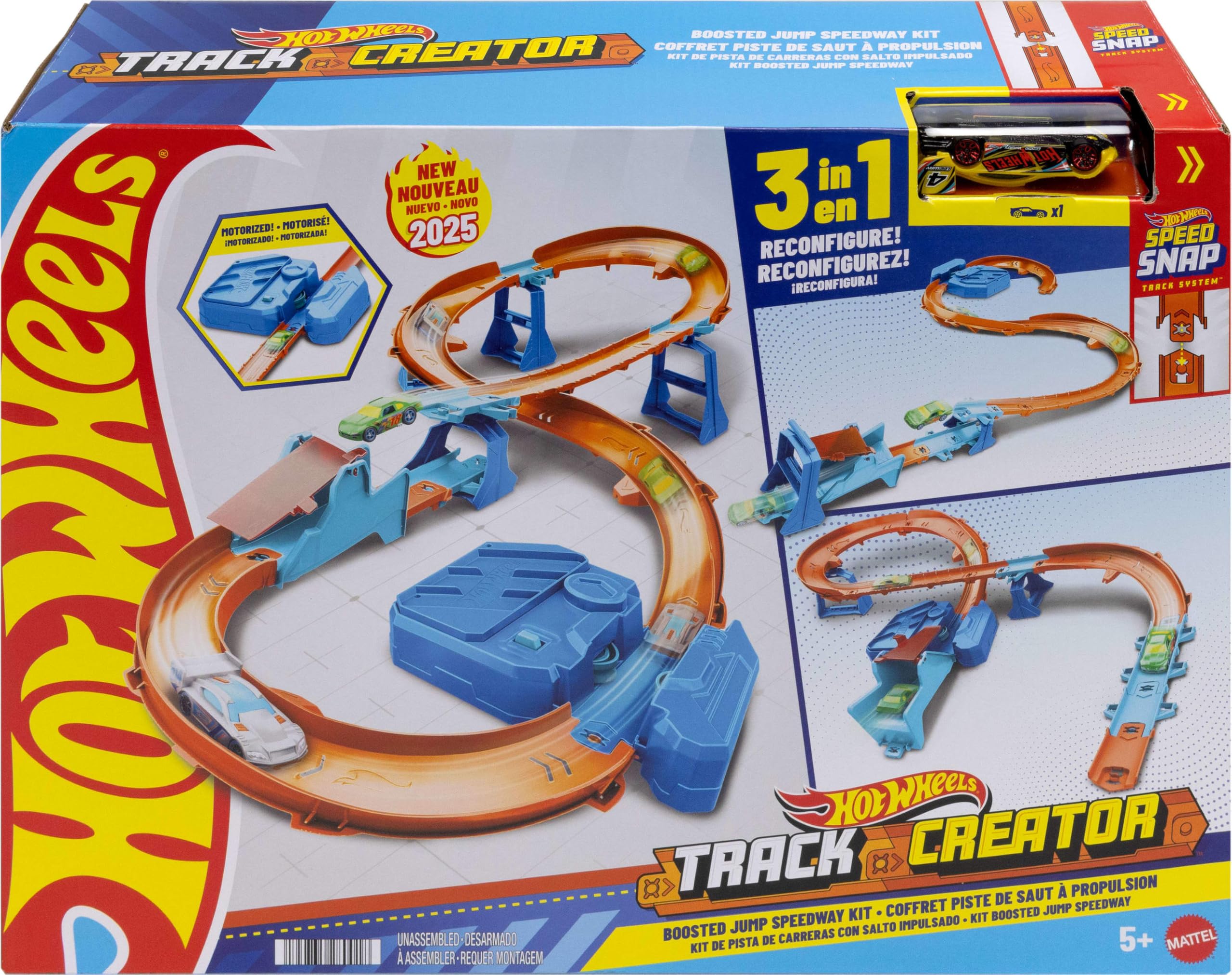 Hot WheelsToy Car Track Set, Deluxe Building Box with Motorized Booster, 1:64 Scale Vehicle, Speed Snap Track, Boosted Jump Speedway, JDB49