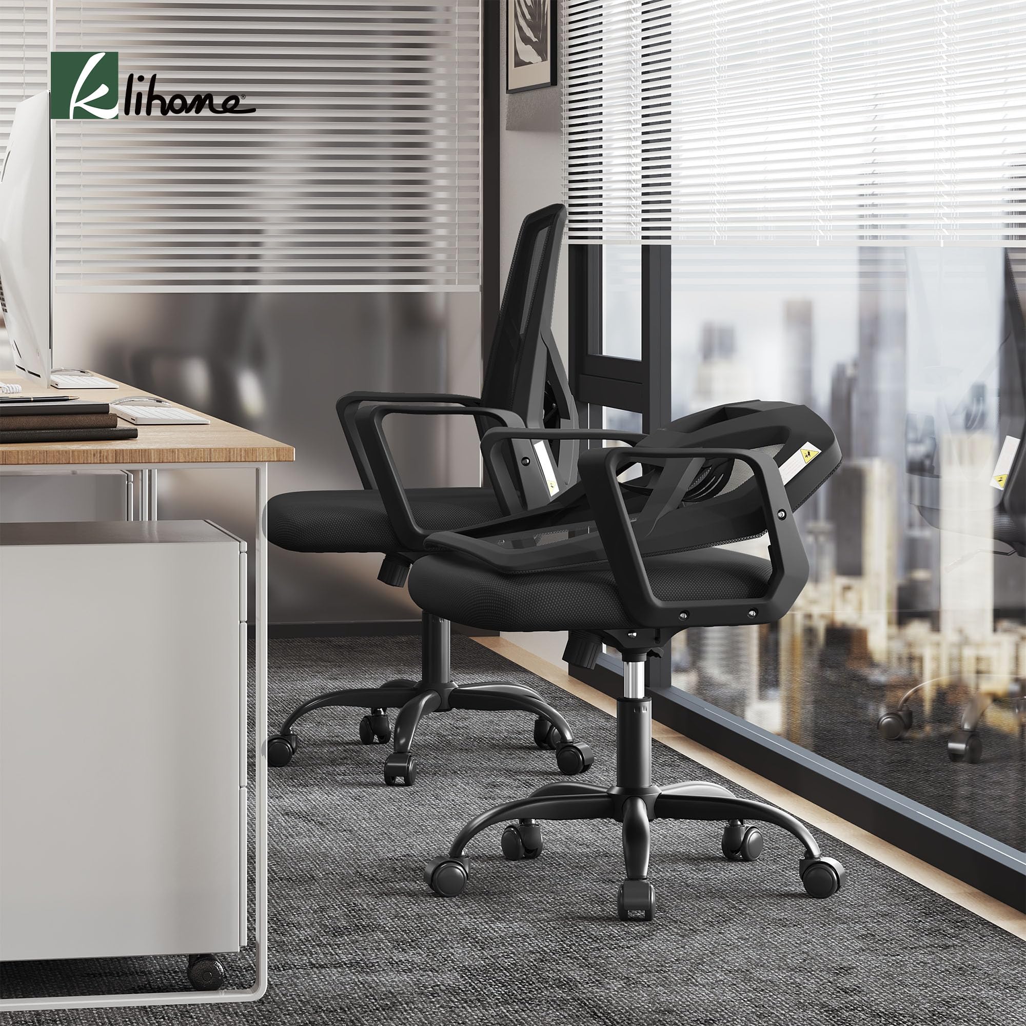 Chaise Bureau Ergonomique avec Dossier Rabattable en Maille Haute Élasticité, Fauteuil Bureau avec roulettes Universelles à 360° et Accoudoirs, Noir