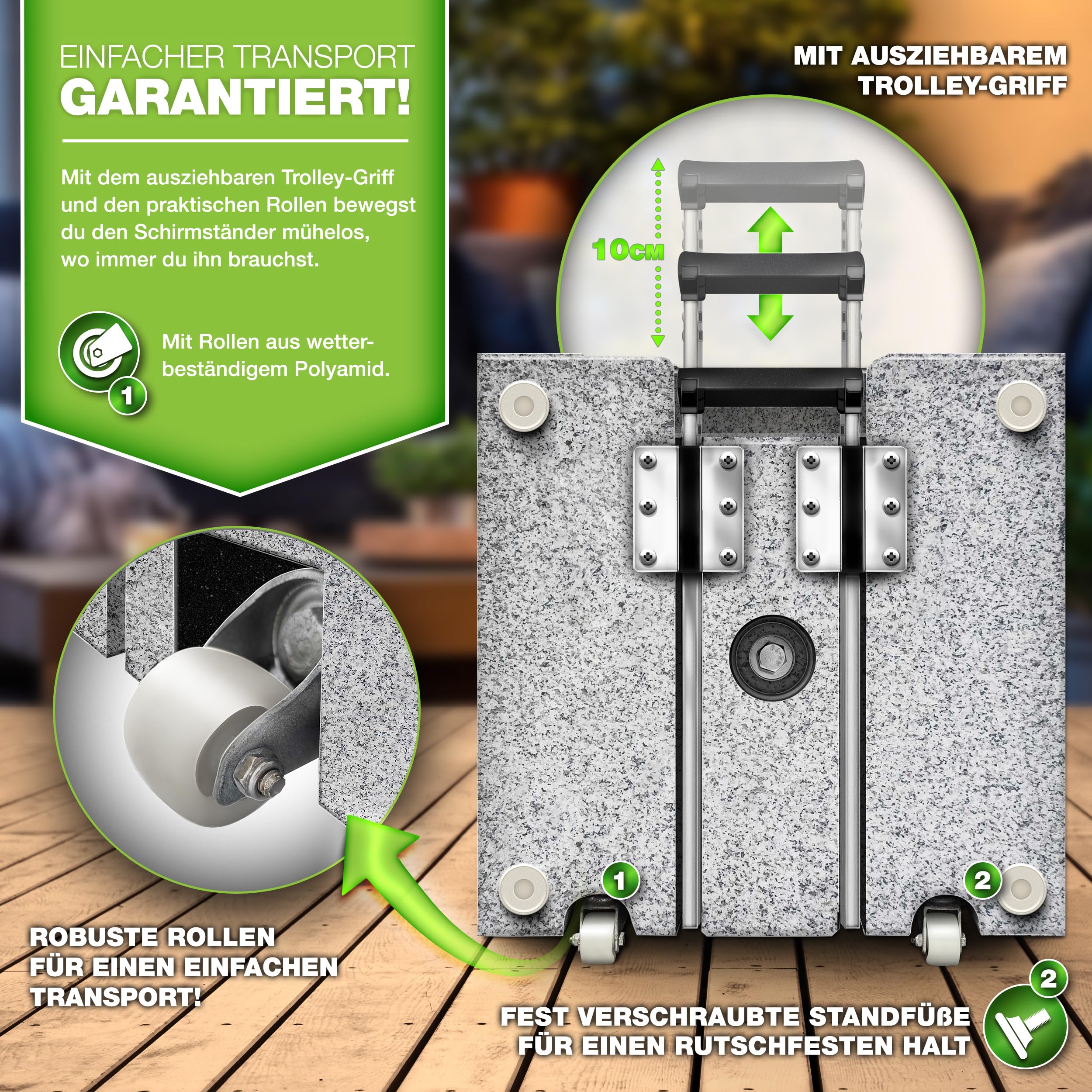 tillvex® Granit Sonnenschirmständer mit Edelstahlrohr | Schirmständer Sonnenschirm für Schirmstöcke 16-48mm & 300cm Schirmdurchmesser mit Transportgriff (Grau, Eckig mit Trolley-Griff)