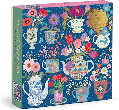 Galison Potted Teacups 500 Piece Foil Jigsaw Puzzle Featuring Beautiful Artwork of Potted Teacups with Floral Background
