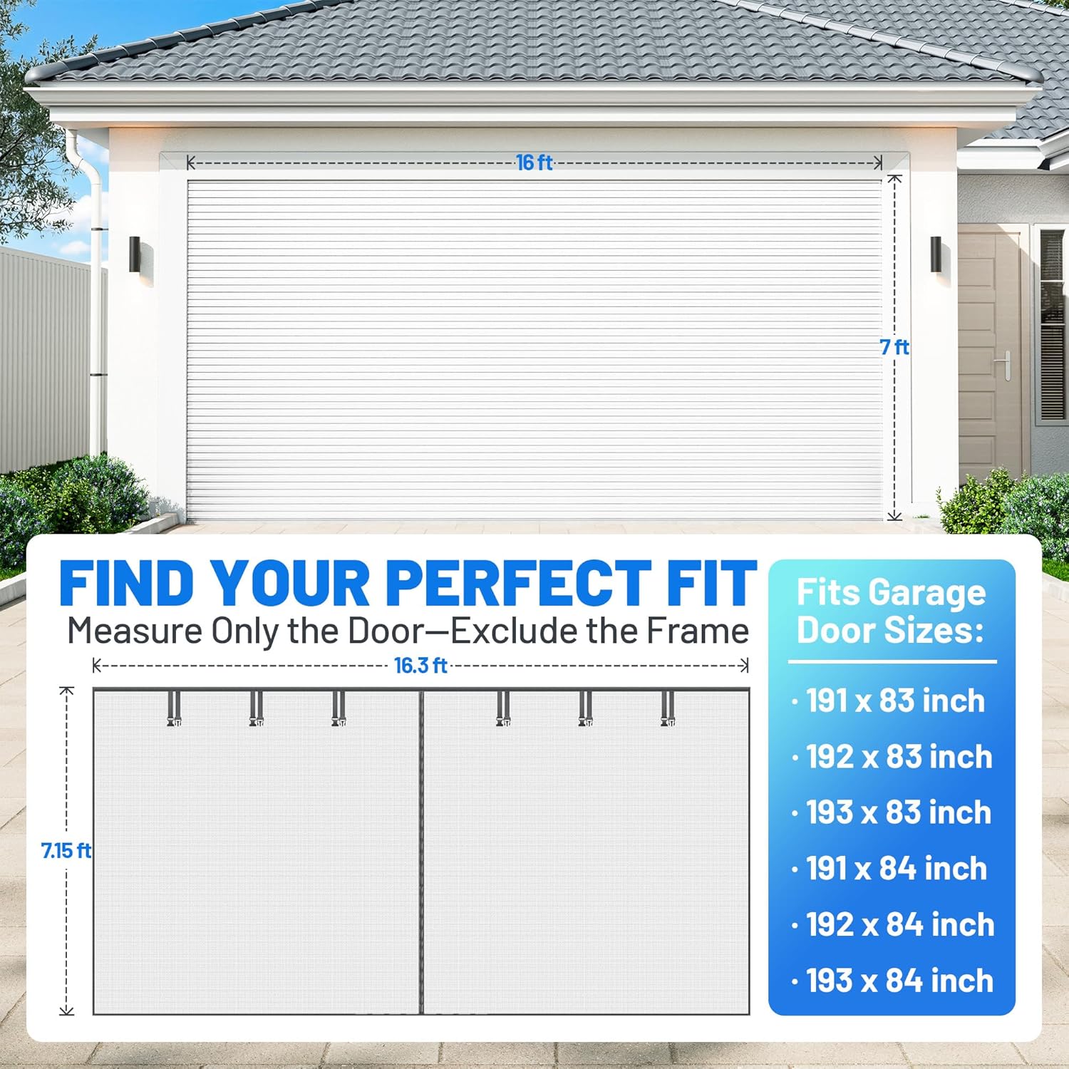 Garage Door Screen for 2 Car Garage - Heavy Duty Magnetic Garage Screen Door Mesh with 6 Roll Up Straps, Fiberglass Garages Doors Net Screens Keeps Bugs & Mosquitos Out Fits Garages Doors Size 16x7 Ft