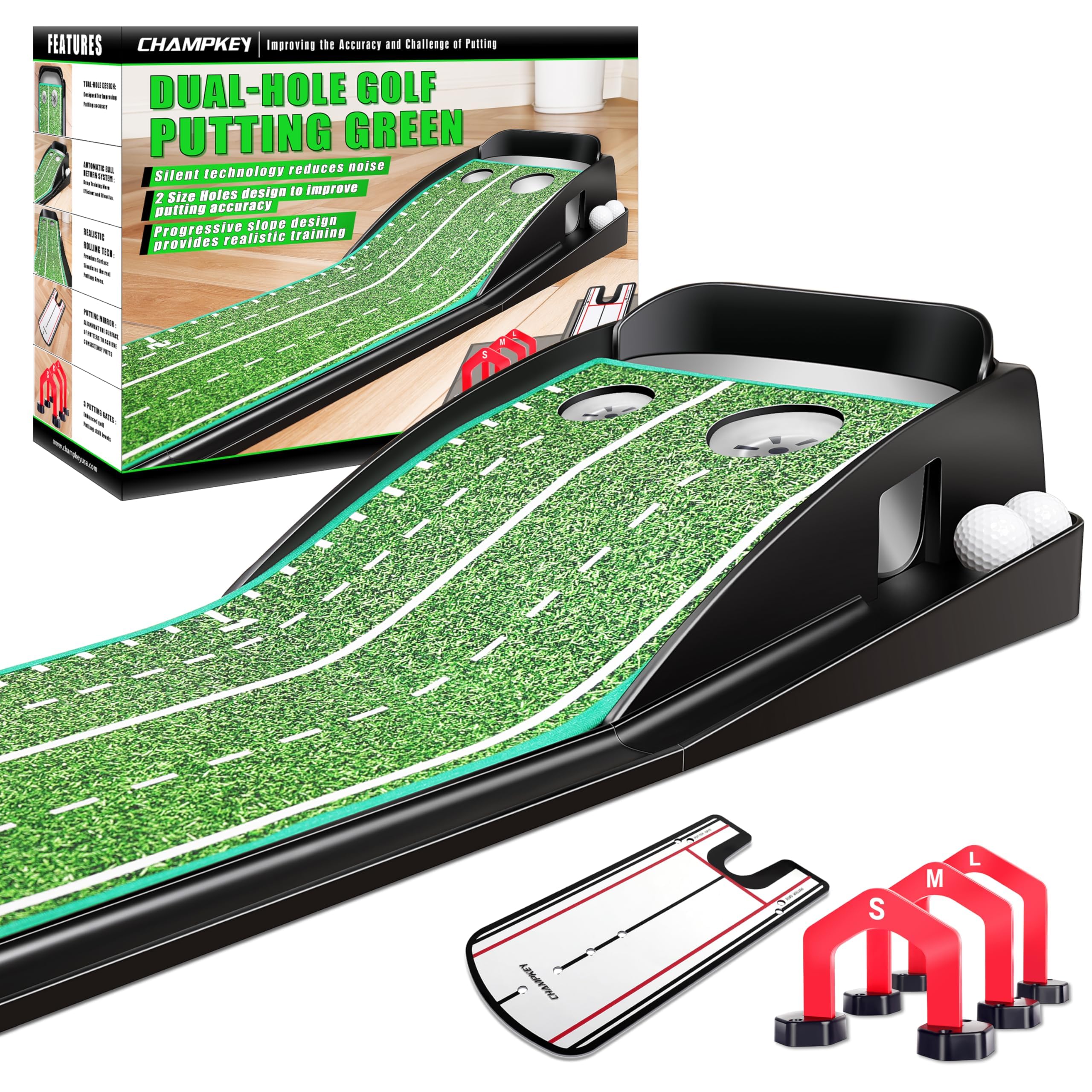 CHAMPKEY Golf Putting Mat Professional Dual-Hole Golf Putting Green with Gates and Mirror - Enhance Your Putting Game on All Skill Levels (Green)