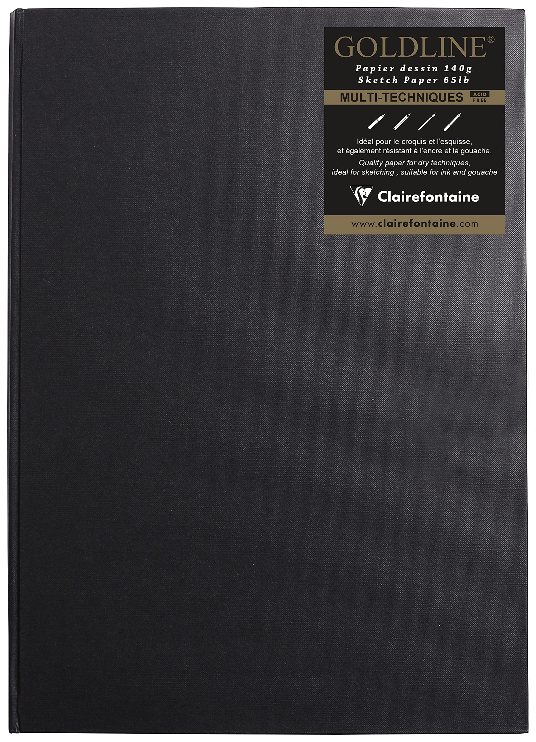 Clairefontaine - Ref 34241C - Goldline Casebound Pad (64 White Sheets) - A3 (420 x 297mm) Size, 140gsm Paper, Portrait Layout - Black Cover - Suitable for Dry Techniques