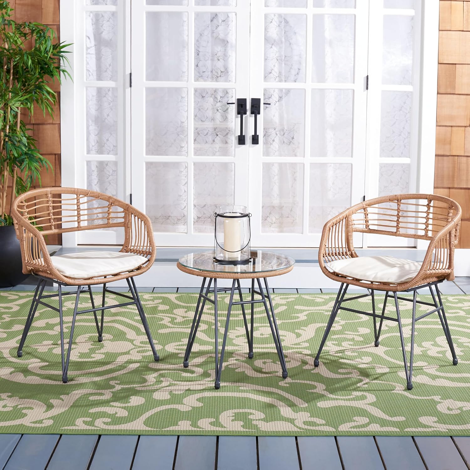 SAFAVIEH Outdoor Collection Ferla Natural Rattan/Beige Cushion 3-Piece Patio Lounge Bistro Set with Table (PAT9014A)