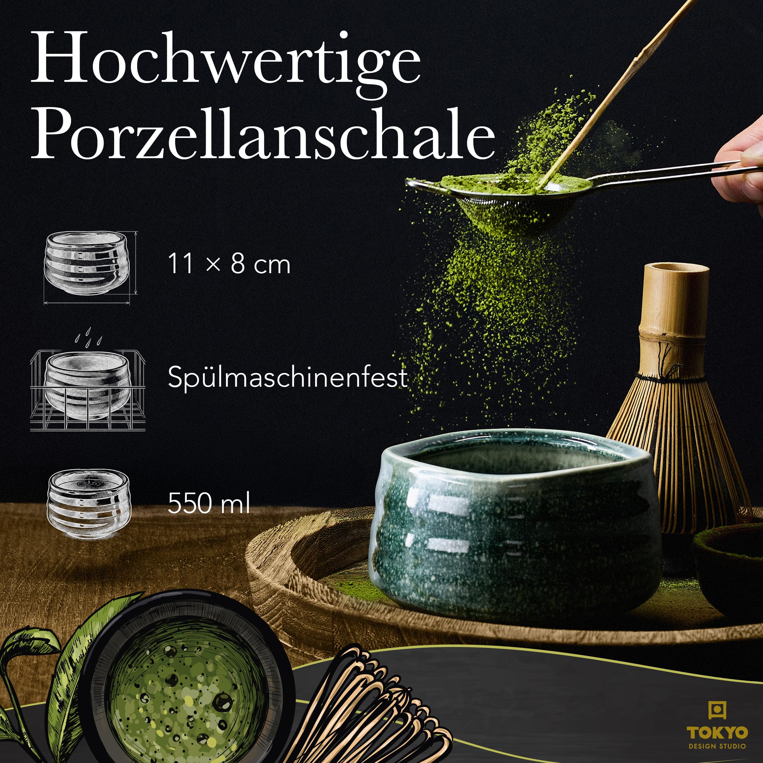 TOKYO design studio – 4-teiliges Matcha Set in hochwertiger Geschenkverpackung - mit Matchaschale, Bambusbesen, Bambuslöffel & Teebesenhalter - Traditionelle Teezeremonie – Edle Keramik in Türkisgrün