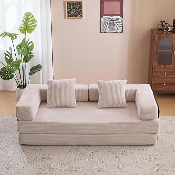 Convertible Sleeper Sofa Bed with Cylindrical Pillow, Corduroy Folding Mattress Couch with Fixed-Shape Frame, Floor Sofa Lounge Couch for Living Room Bedroom Lounge Studio Beige