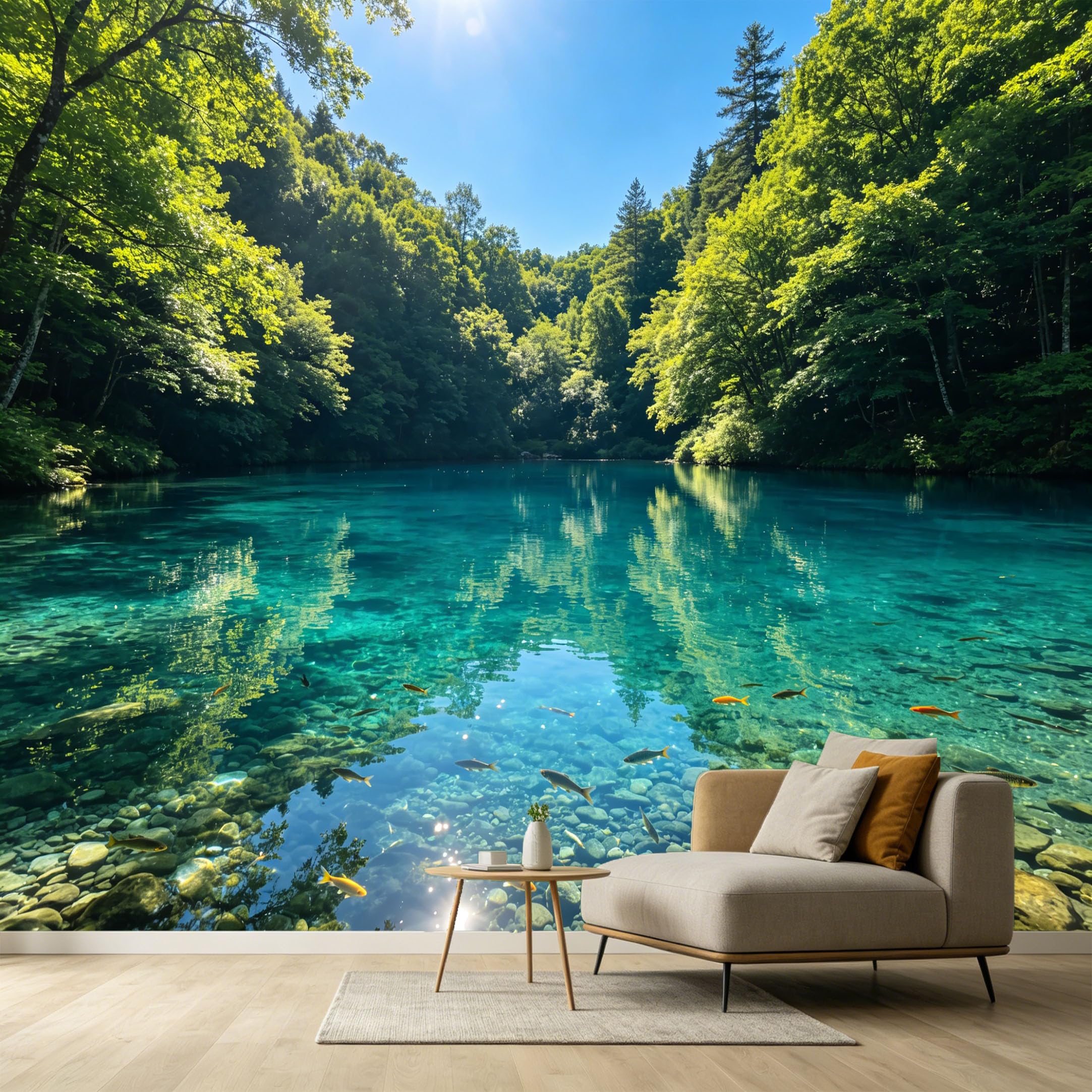 Custom Size Wall Murals Turquoise Lake Landscape Forest Reflection Fish SelfAdhesive Wall Fabric Removable Large Wallpaper for Photo Living Room Interior Decor