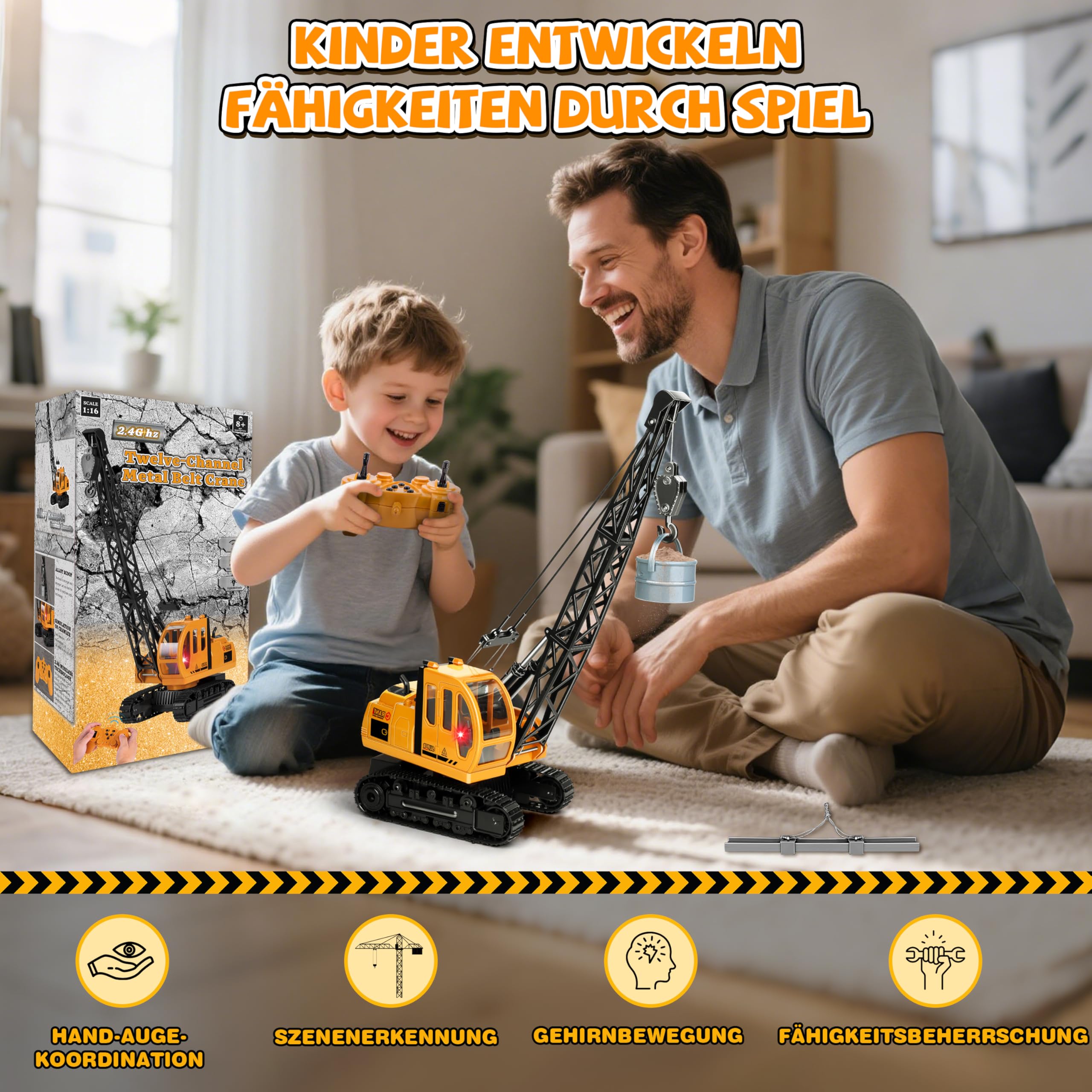 Joellfuner 1:14 Super Große Kran Spielzeug, 2,4G Kran Ferngesteuert mit Lichtern und Geräuschen Realistischer, RC Kranspielzeug mit 2 Werkzeugen, Geschenk für Kinder von 3–12 Jahren (Extra Groß)