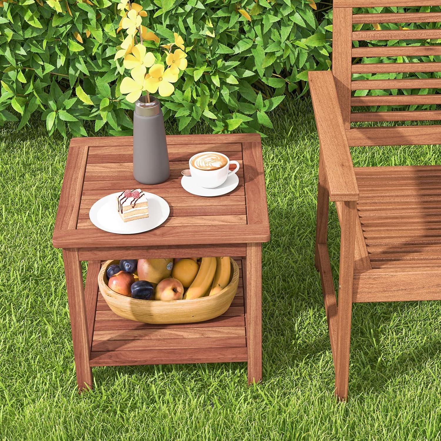 RELAX4LIFE Adirondack Outdoor Side Table - 2-Tier Acacia Wood Square End Tables w/Slatted Tabletop & Shelf for Garden Porch Pool, Indoor Outdoor Companion, Wooden Small Patio Table (1, Natural)