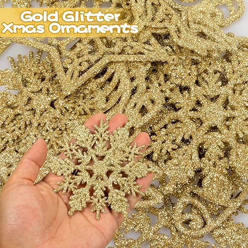 Miniatura 3 de Juego de 42 decoraciones para árbol de Navidad, adornos colgantes con purpurina dorada, copo de nieve, árbol de Navidad, muñeco de nieve, reno, Papá
