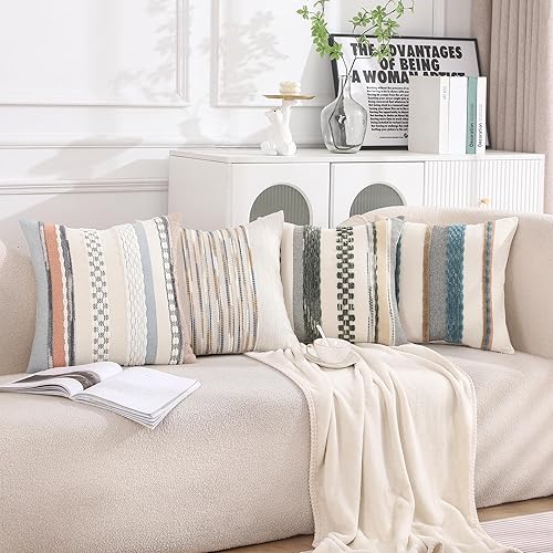 Miniatura 9 de Tosleo - Fundas de almohada decorativas de estilo bohemio con capuchino para sofá, juego de 2, fundas de almohada decorativas a rayas, acento de