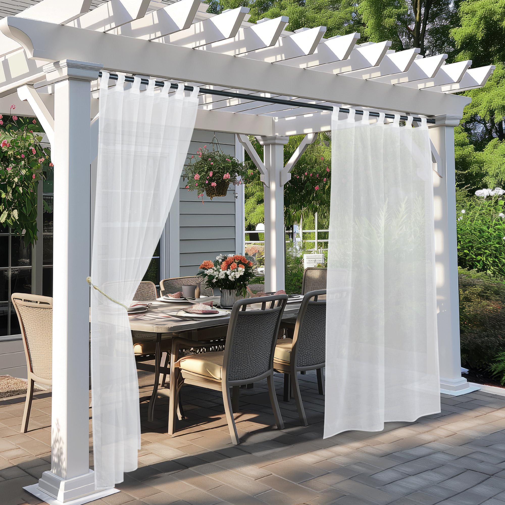 PONY DANCE Tende per Esterno con Passanti Adesivi Tende Bianche Trasparenti per Gazebo Impermeabile Decorazioni Voile Curtains per Gazebo e Balconi 2 Pezzi L137 x A274 CM