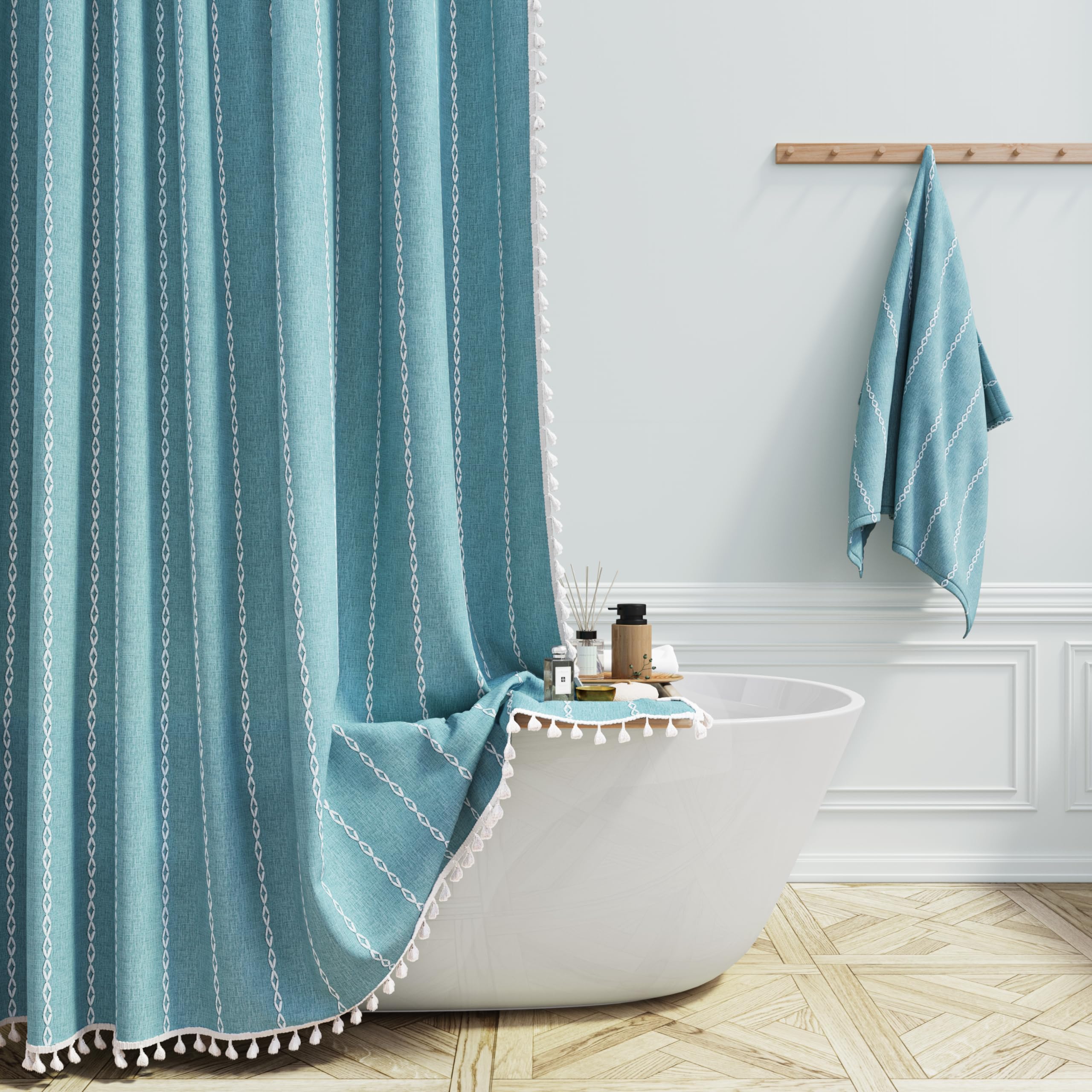 BTTN Boho Farmhouse Shower Curtain, Rustic Thick Striped Linen Fabric Shower Curtains Sets with Tassel, Water Resistant, Modern Aesthetic Vintage