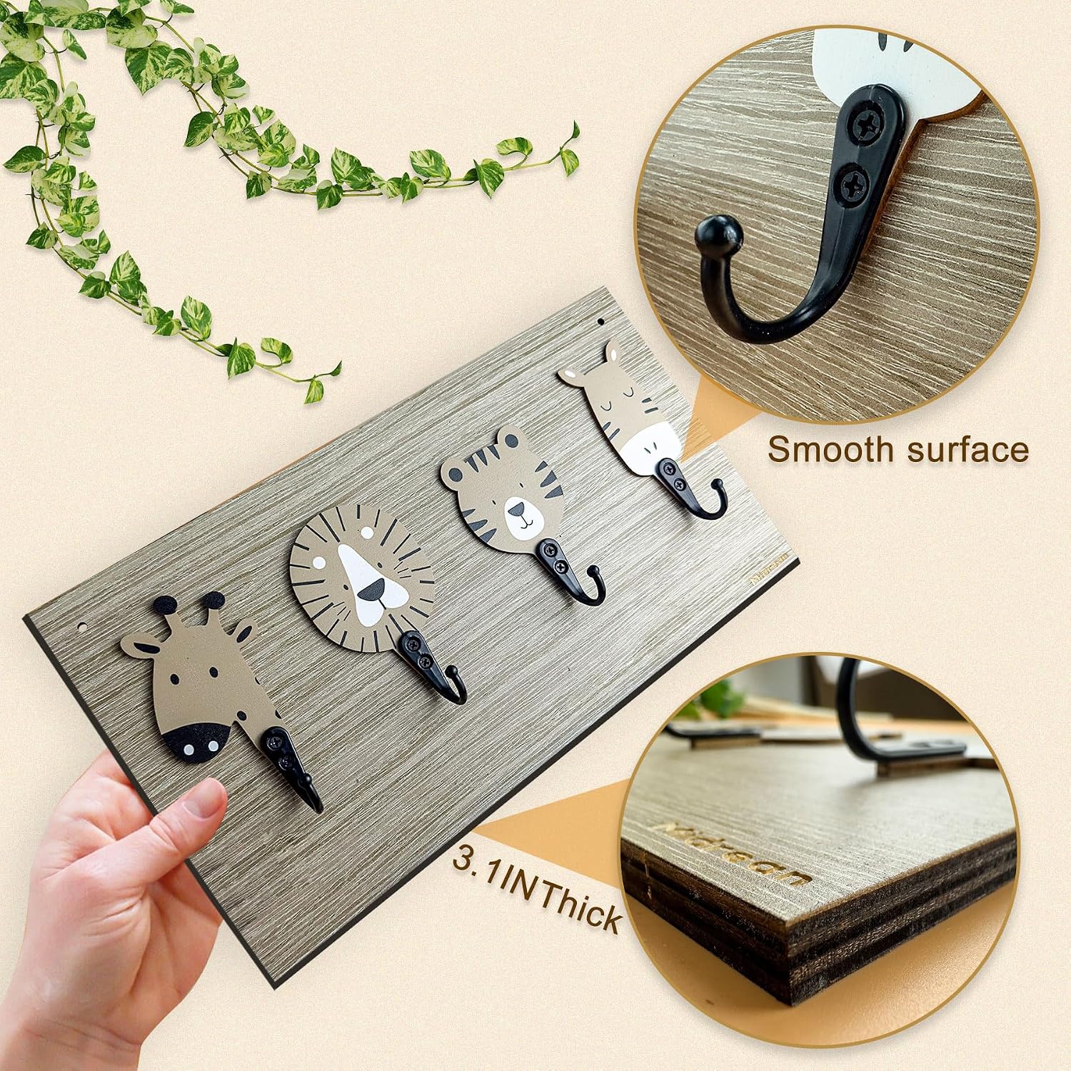 Nursery Kids Animal Coat Rack Wall Hooks Wooden Cute Safari Giraffe Lion Hangers for Kids Baby Boy Girls Room Bedroom Door Home Decor (Tiger) image 2