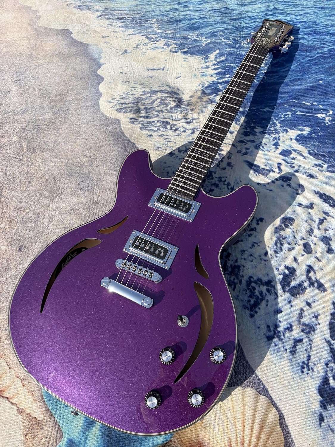 Semi-Hollow Body Electric Guitar, Purple Sparkle Finish, F-Hole Design
