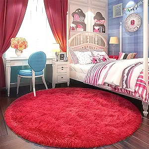 Round Fluffy Carpet 5FT Red - Soft Circle Rug for Kids Room - Shaggy Plush Rug for Nursery - Fuzzy Furry Carpet for Teen's Room