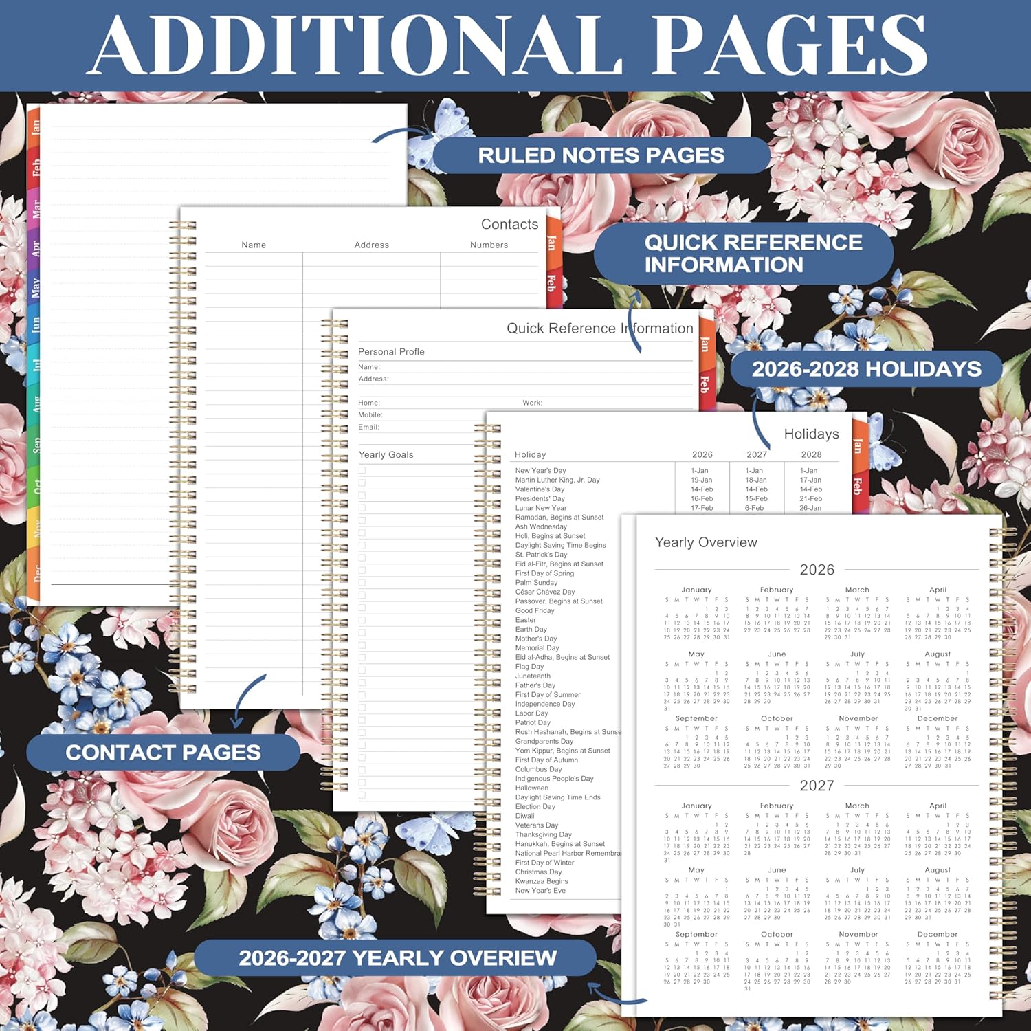 2026 Planner - Planner 2026, JAN 2026 - DEC 2026, 2026 Planner Weekly and Monthly with Colorful Tabs, 9" x 11", 2026 Planners/Calendar with Flexible Cover + Back Pocket + Twin-Wire Binding, Rose - Image 5