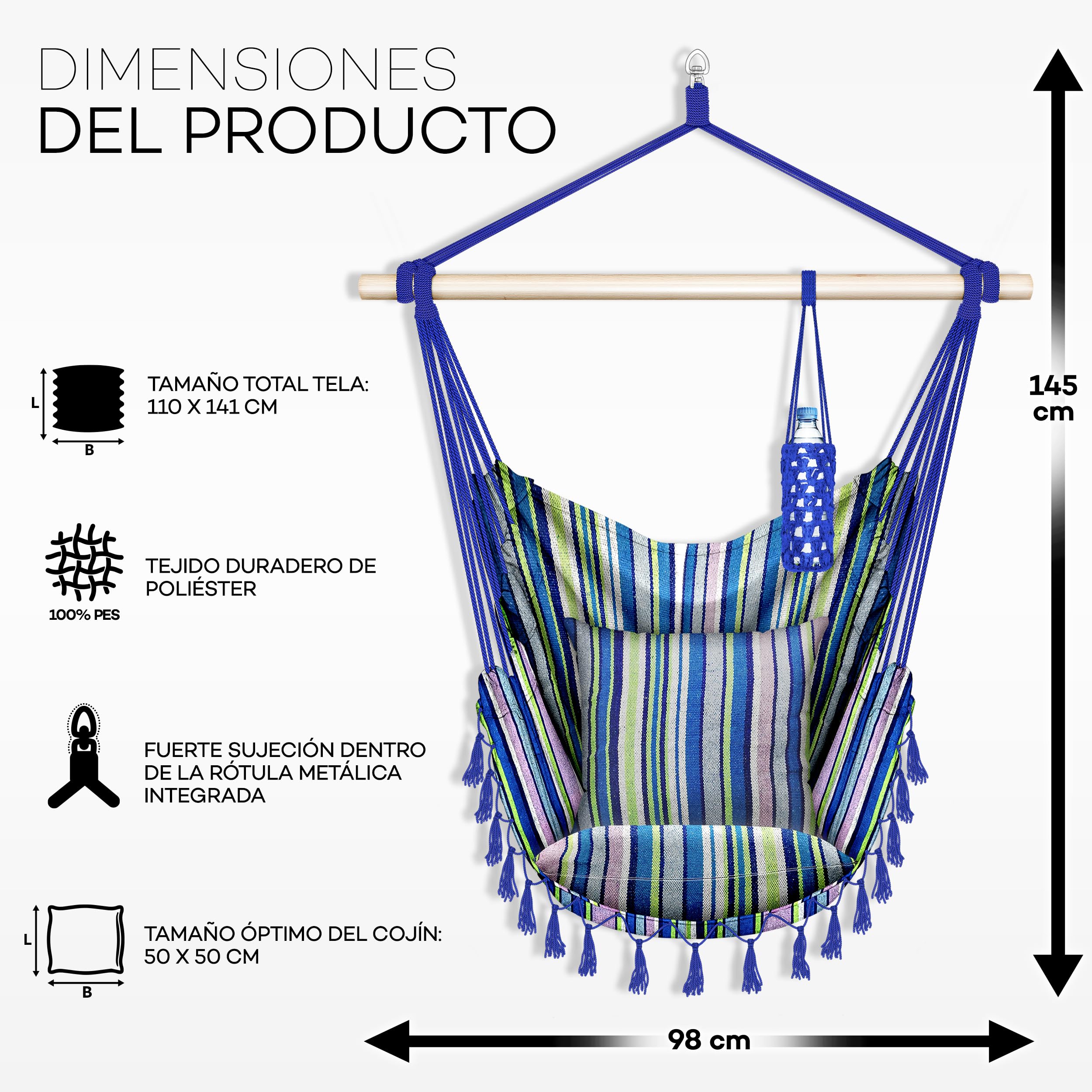 tillvex Silla Colgante hasta 150 kg | Columpio para Colgar en Exterior e Interior | Hamaca con Cuerda, Cojines y Flecos | Kit de Suspensión para Jardín, Terraza, Balcón (Multicolor (con 2 Cojines))