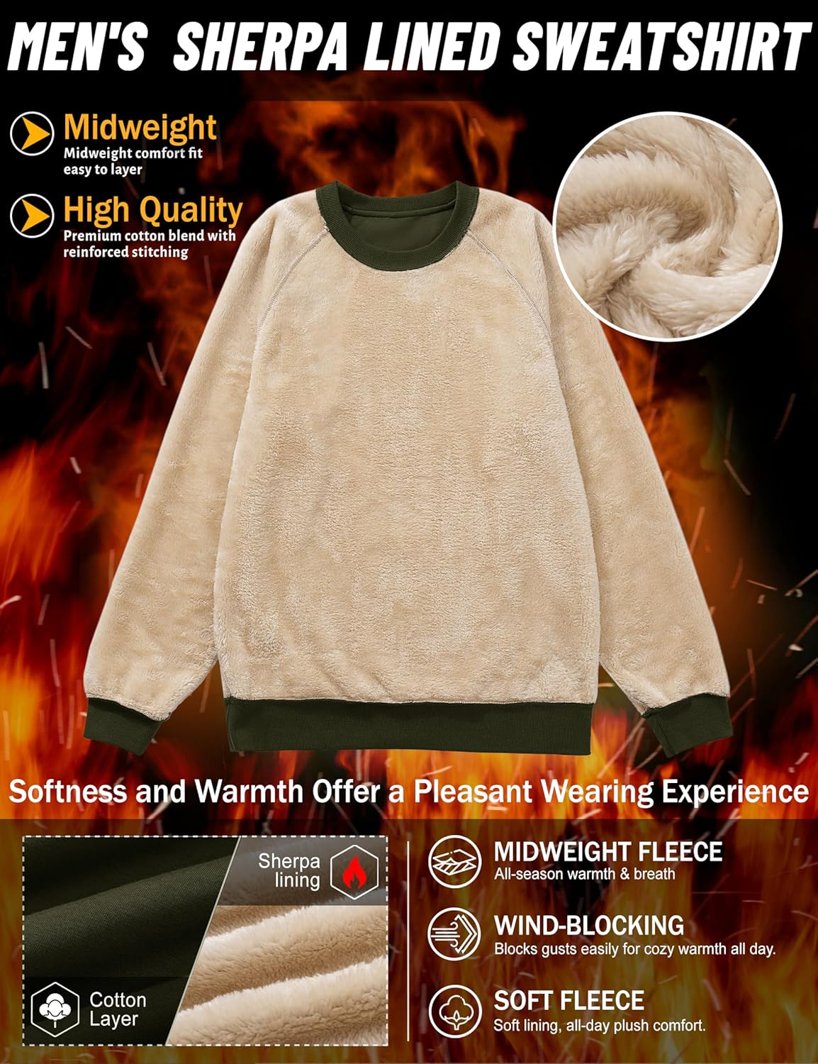 TACVASEN Mens Sherpa Lined Sweatshirts Winter Fleece Midweight Pullover Sweater Warm Crewneck Sweatshirt - Image 3