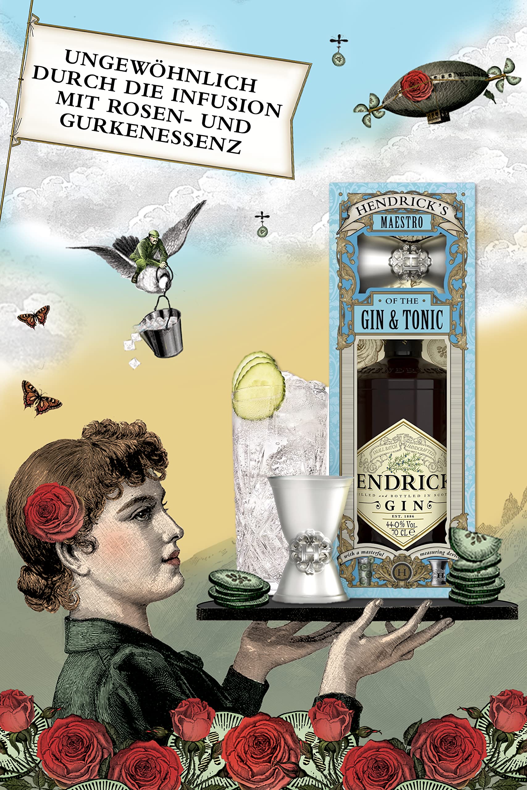 HENDRICK’S Gin Geschenkset – Frisch, floral & außergewöhnlich – mit Rosen- & Gurkenessenzen – inkl. Barmaß – perfektes Set für Gin & Tonic – 44% vol. - 0,7 l