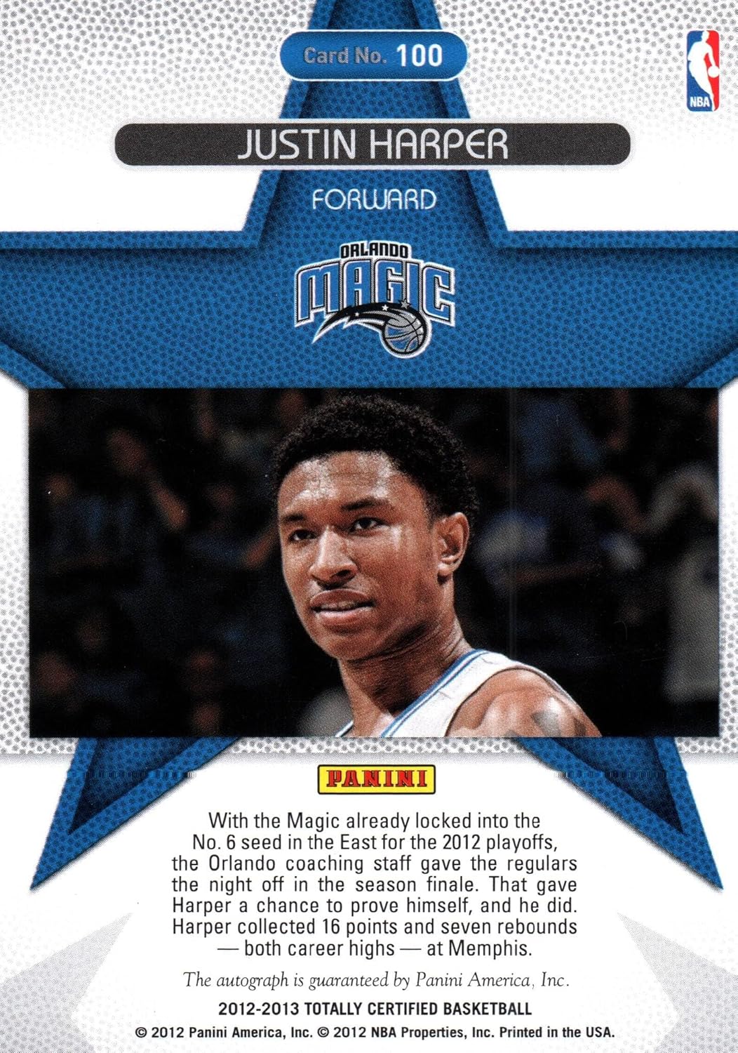 Justin Harper Autographed Rookie Card Roll Call Special Insert Numbered 167/199 Collectible Basketball Card - 2012 Totally Certified Basketball Card #100 (Magic)