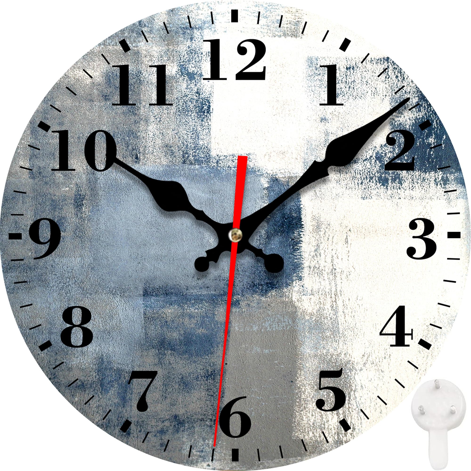 VURQLHE Wall Clock, Blue and Grey Abstract Art Painting Silent Non Ticking Battery Operated Round Decorative Indoor Outdoor Clocks for Living Room