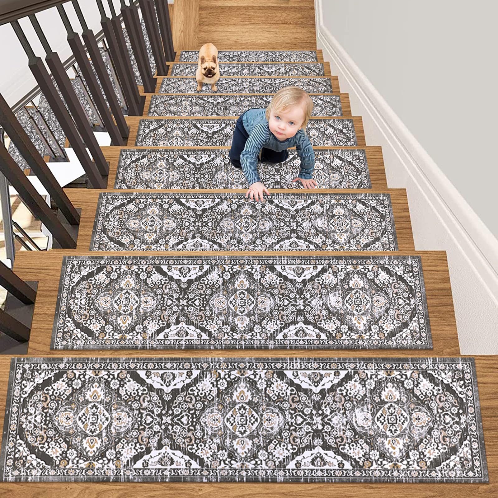 HEBE Non Slip Carpet Stair Treads for Wooden Steps Set of 15, 8''X30'' Indoor Staircase Step Treads Reusable Rubber Runner Mats for Dogs and Kids, Stairway Grip Step Treads Carpet