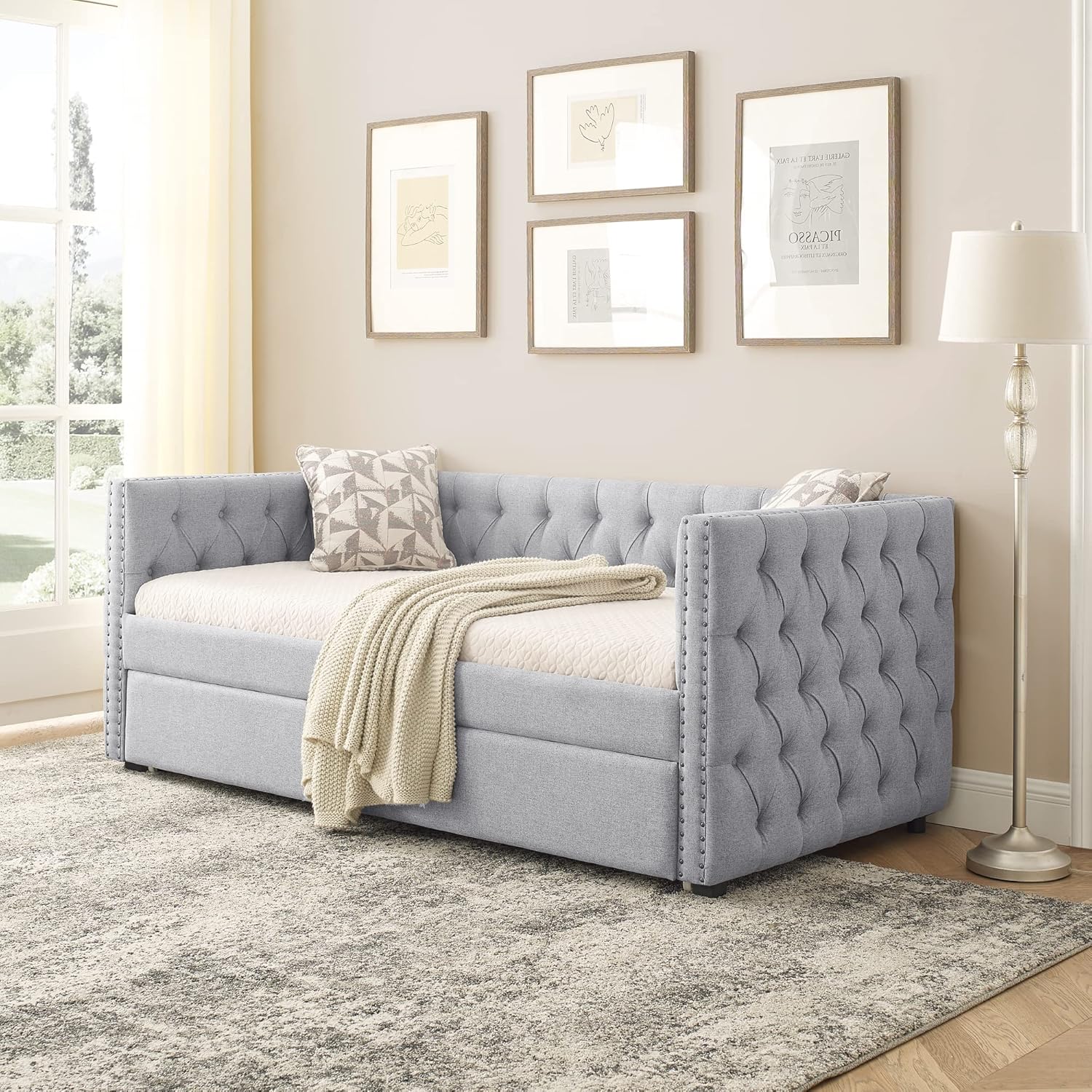 Flieks Upholstered Twin Daybed with Trundle, Twin Size Button Tufted Sofa Bed Daybed with Copper Nail on Square Arms and Wood Slat Support (Grey)