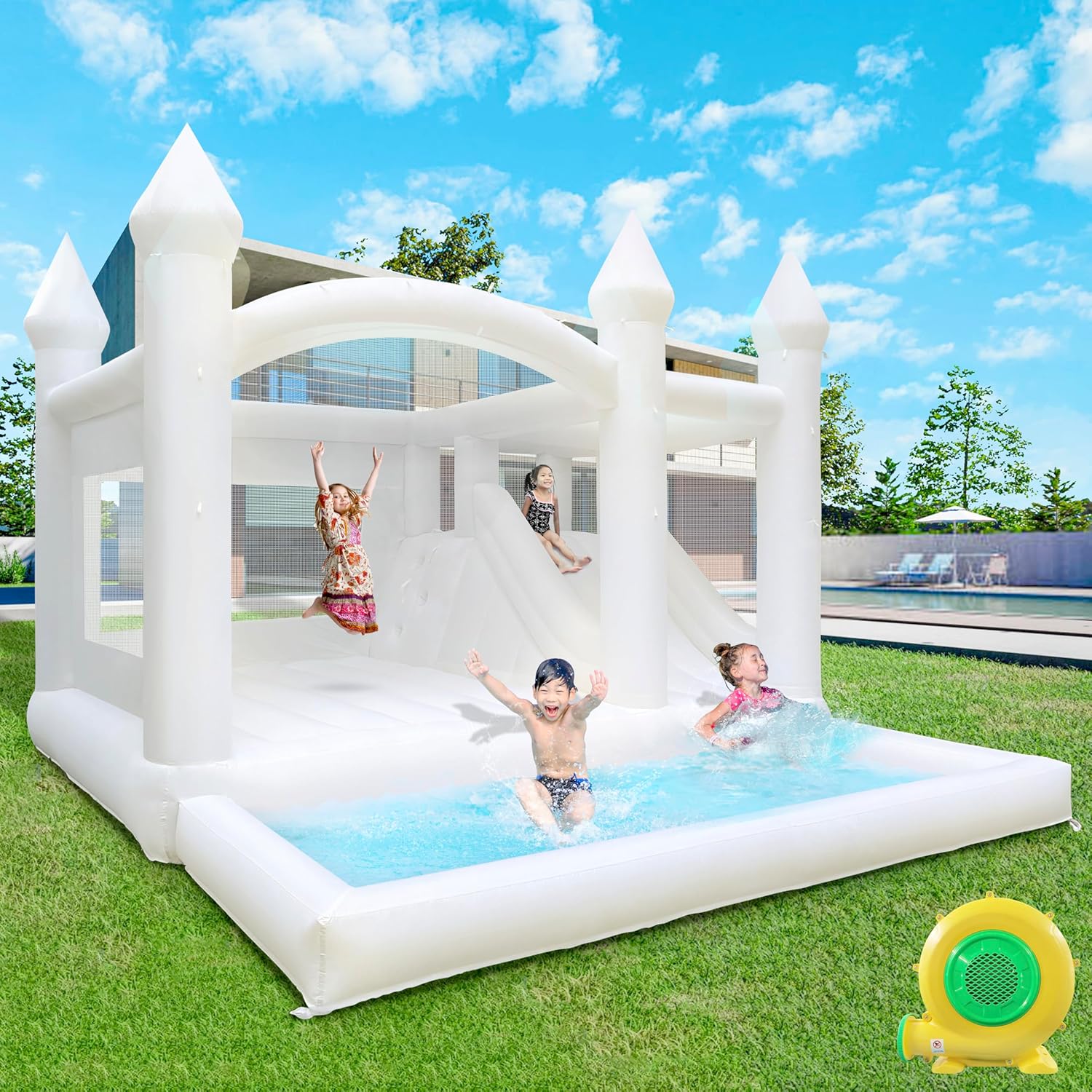 Generic White Bounce House Castle 3in1 Extra Large Oxford White Bounce House with Slide and Ball Pit - 15'W x 14'L x 10'H for Kids and Adults