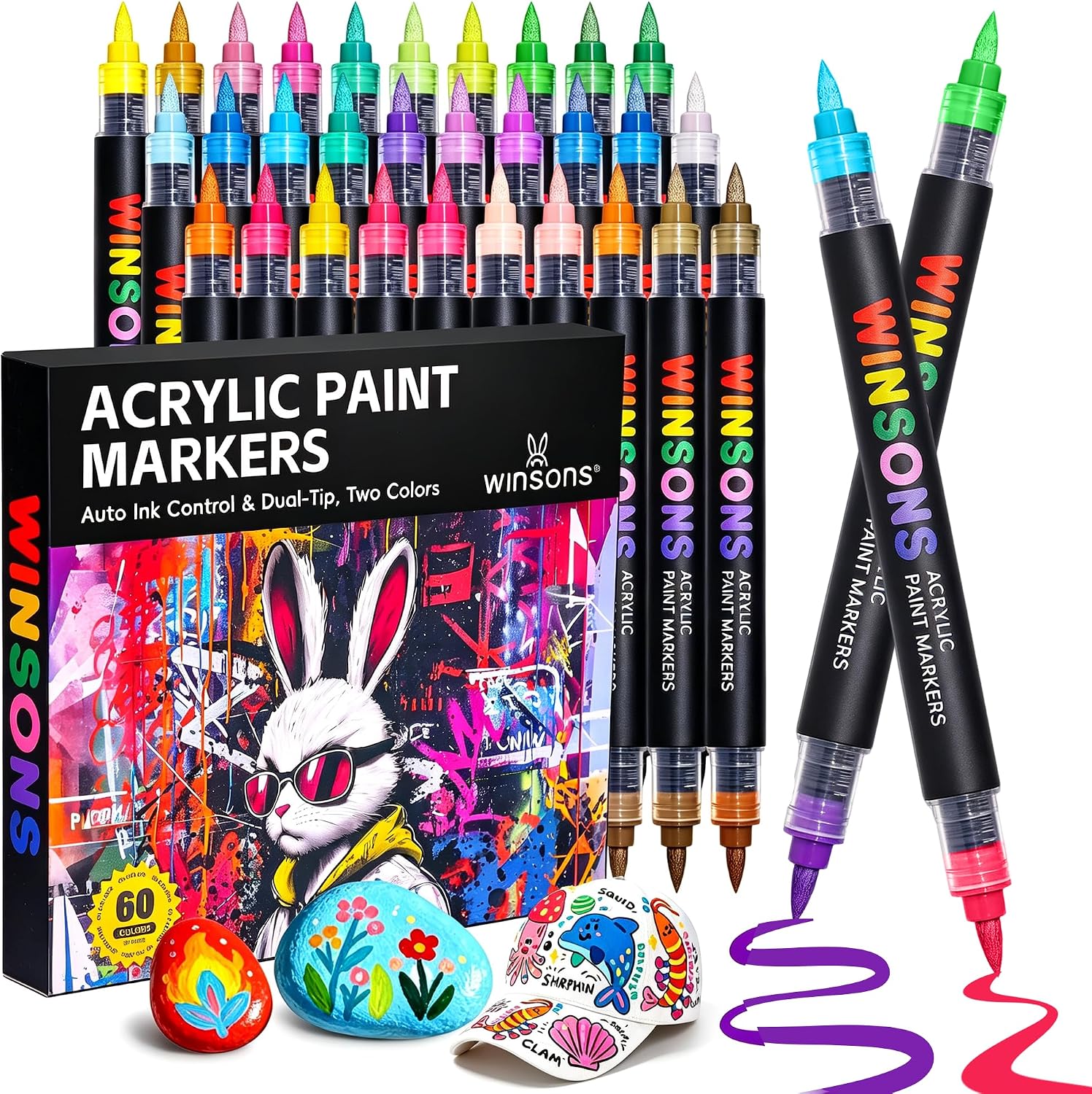 WINSONS 60 Colors Dual Tip Art Markers Set, Auto Ink-Flow Markers for Drawing, Illustration, Manga Coloring, Sketching Coloring Books