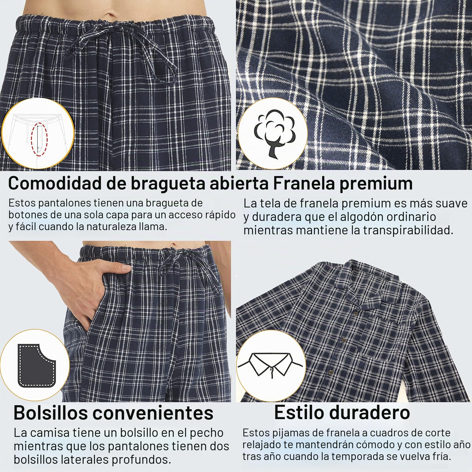 YUSHOW Pijama Hombre Invierno Algodón Franela a Cuadros Manga Larga Pantalón con Bolsillos Conjunto de Pijama Cómodo Ropa de Dormir de Dos Piezas