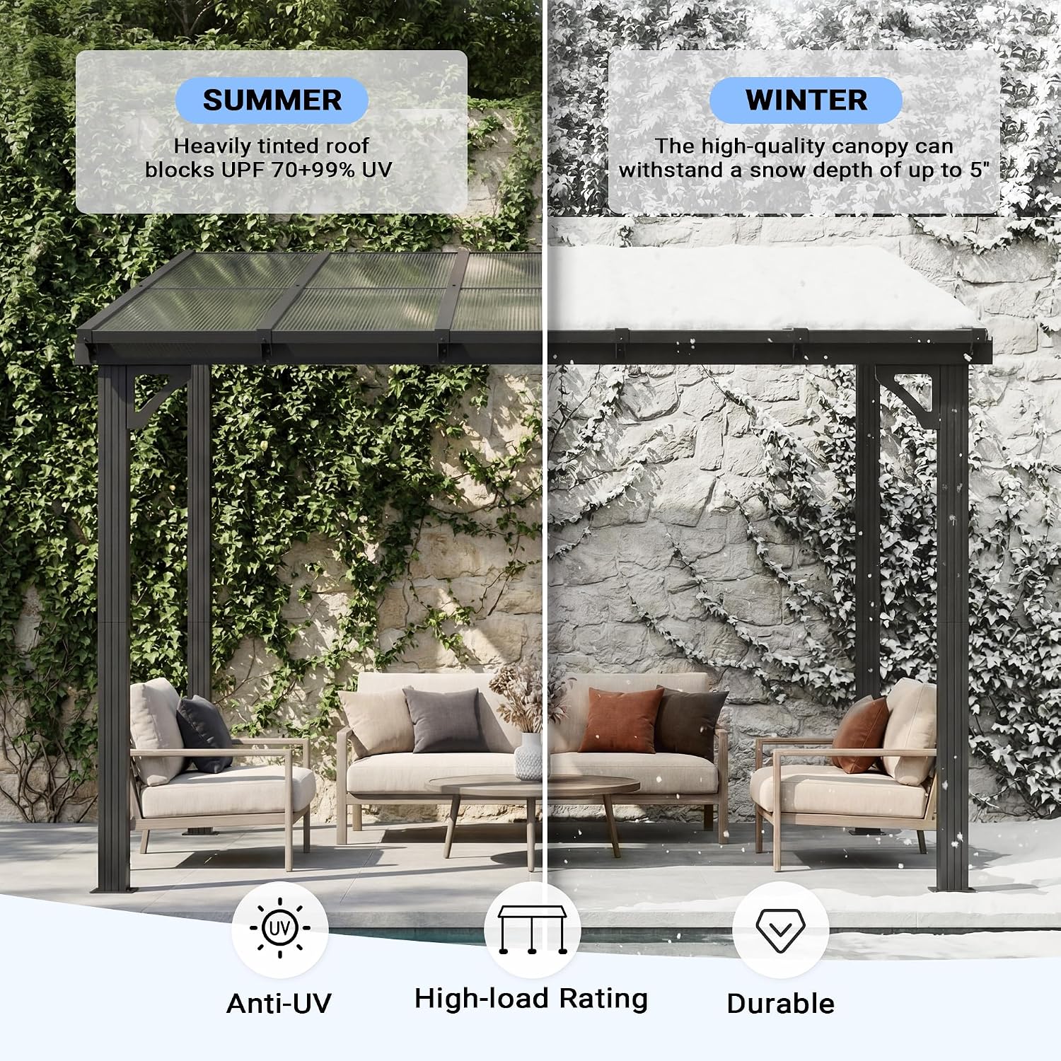 Polar Aurora 10x10 FT Lean to Gazebo, Wall Mounted Gazebo with Polycarbonate Roof, Hardtop Pergola, Awnings for Patio, Backyard, Deck, Gray