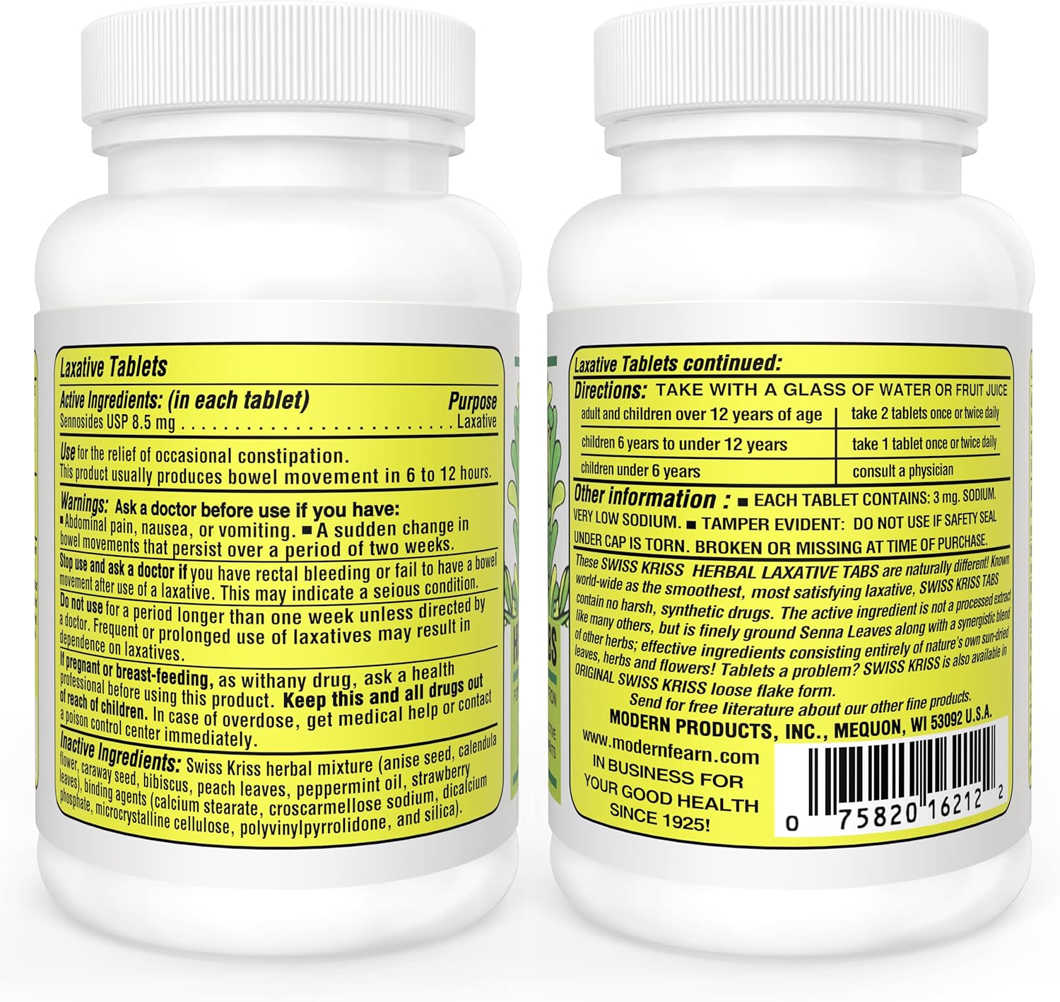 Swiss Kriss Herbal Laxative Tablets, Gentle & Natural Laxatives for Constipation Relief for Adults & Children over Age 6, Works in 6-12 Hours, Senna Laxative, 120 Tablets Total : Health & Household