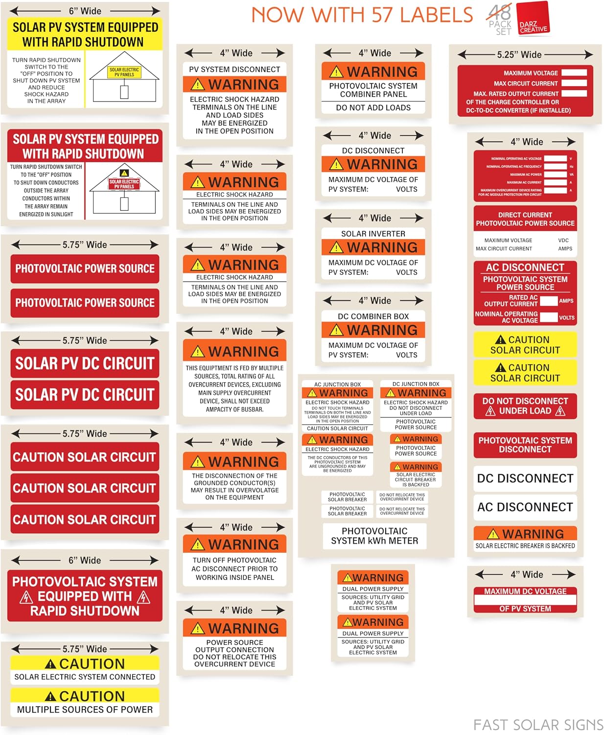 Photovoltaic Solar System Installer Label Kit | 57 Pack | 2020 | 2017 Code | Electrical Panel Safety | PV Warning Set | Caution Solar Circuit | Made in USA