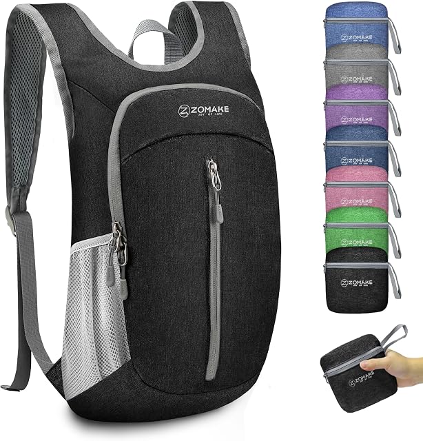 ZOMAKE Small Hiking Backpack for Women Men,10L Lightweight Packable Backpack Travel Foldable Day Pack for Outdoor Sports(Black A2)