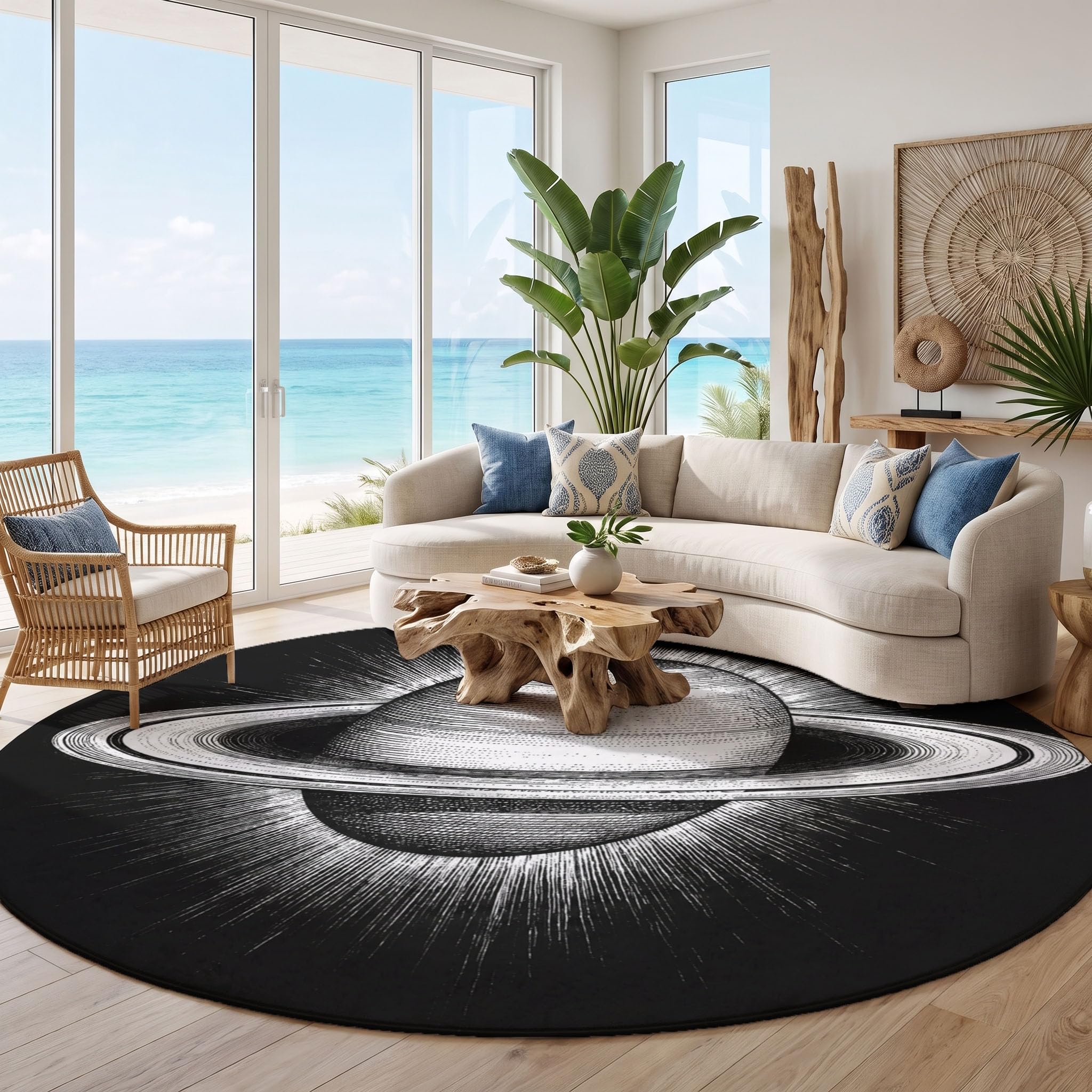 Tapis Rond Lavable Halo Saturn 180cm | Tapis Minimaliste Moderne Antidérapants Salon Lavable en Machine pour pour Salle à Manger, Entrée, Cuisine, Noir
