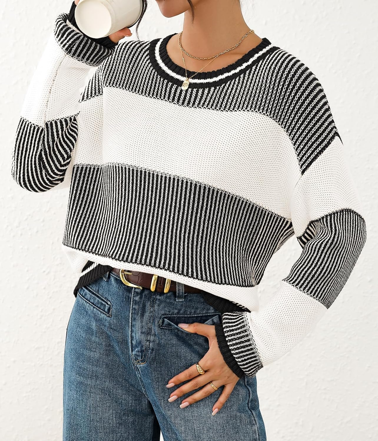 Viottiset Women's 2025 Fall Fashion Crew Neck Long Sleeve Striped Color Block Knit Loose Pullover Sweater Tops - Image 5