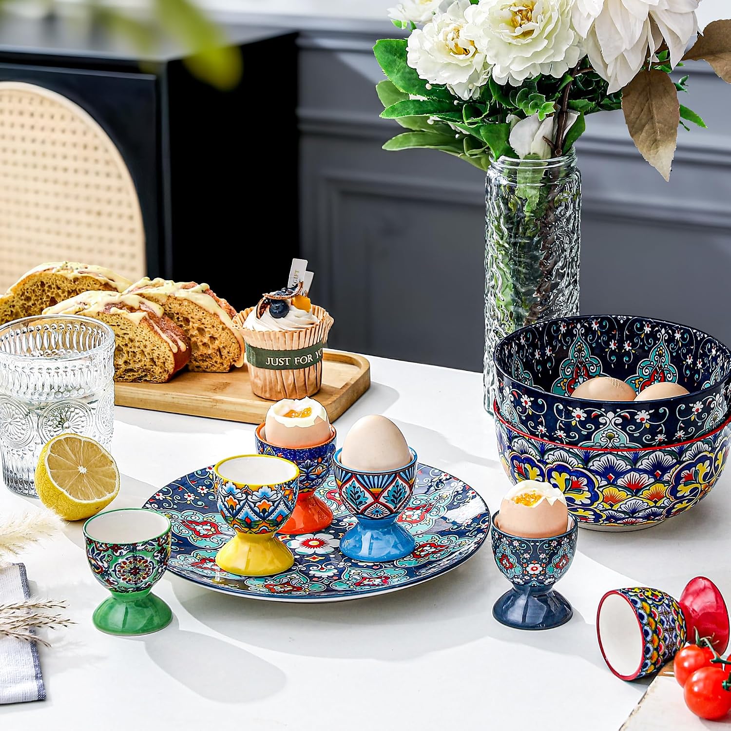 HENXFEN LEAD Boho Ceramic Egg Cups Set of 6 – Colorful Egg Holders for Soft & Hard Boiled Eggs, Microwave & Dishwasher Safe, Perfect for Breakfast & Easter