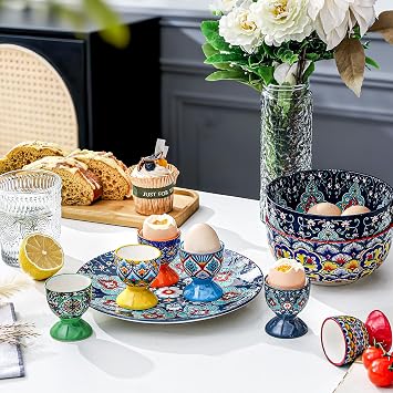 HENXFEN LEAD Boho Ceramic Egg Cups Set of 6, Holders for Boiled Eggs | Assorted Patterns, Ideal for Soft-Boiled or Hard-Boiled Eggs, Breakfast, Brunch & Easter, Microwave & Dishwasher Safe